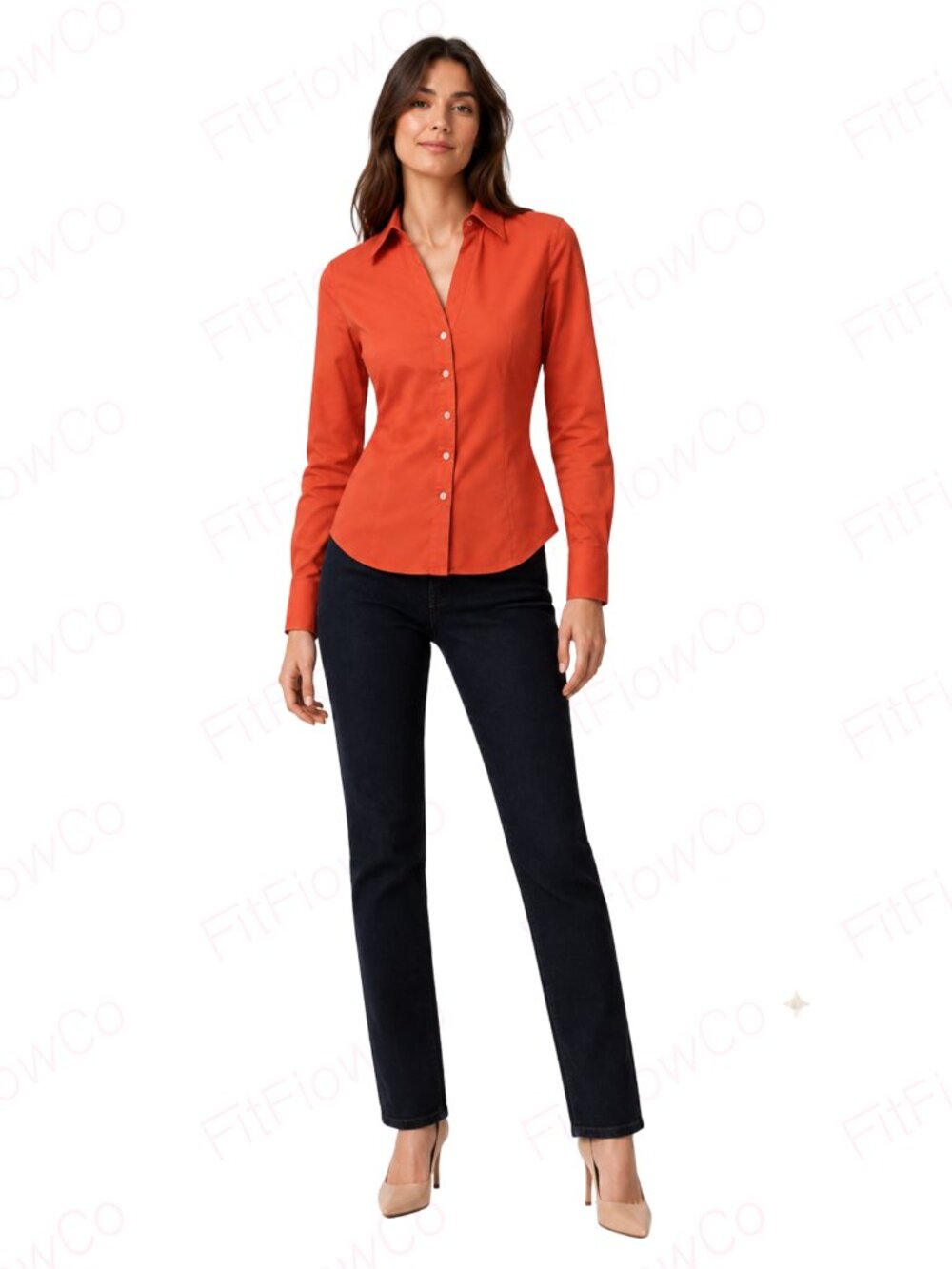 Express Design Studio XS Orange Fitted Button Down Stretch Cotton Shirt